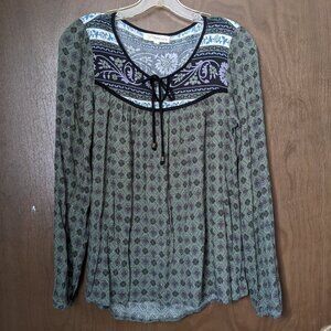 Boho Hippie Floral Rewind Top Womens S Green Black Long Sleeve Shirt Cottagecore